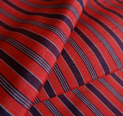 100% Silk  Tsumugi Japanese Vintage Kimono Fabric Red Navy Stripes 37cm Width • £11