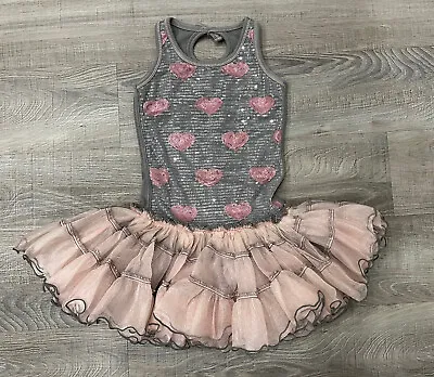 Ooh! La La  Couture Girls Tutu Dress Sz 4T Pink Hearts Clear Sequins Gray Tank • $50