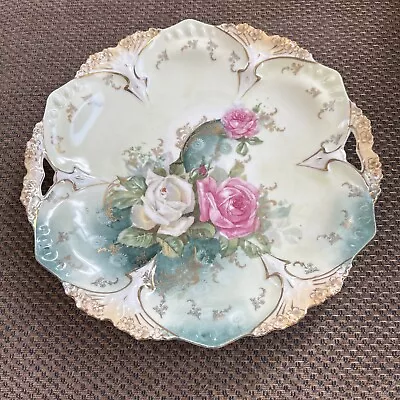 Vintage RS Prussia Cake Plate Satin Finish Floral Gold Trim Red Wreath Marked • $19.99