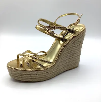Zara Basic Gold Snake Print Faux Leather High Wedge Heel Sandals Size UK 6 Used • £34.99