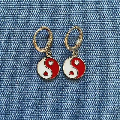 Gold Huggie Hoop Earrings With Red Yin Yang Charm • £3