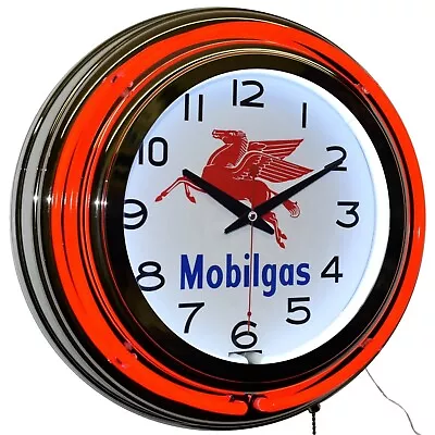 15  Mobilgas Oil Pegasus Double Neon Clock Garage Man Cave (Red) • $119.95