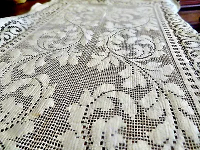 Vintage Lace Table Buffet Runner Dresser Scarf  Looped Hem Vines Netting Filet? • $6.99