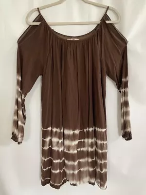 Ya Los Angeles Womens Shift Dress Brown Tie Dye Pleated Cold Shoulder Lined S • $9.99