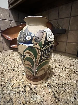 Tacat Hand Painted Folk Art Mexican Sandstone 8  Pottery Vase With Bird Design. • $18