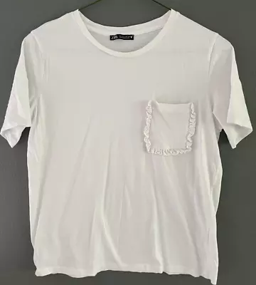 Zara T-Shirt Short Sleeve Ruffle Pocket Crew Neck Solid White Large • $14.99
