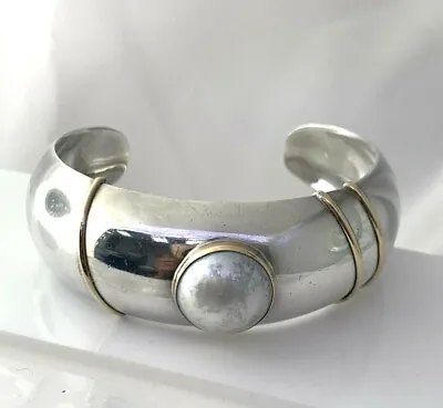 Sterling Silver Cuff Bracelet With Mabe Pearl Two Tone  Taxco Mexico  #57 • $109.99