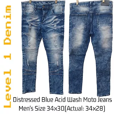 Level 1 Distressed Blue Acid Wash Moto Men's Skinny Jeans 34x30(actual 34x28) • $35