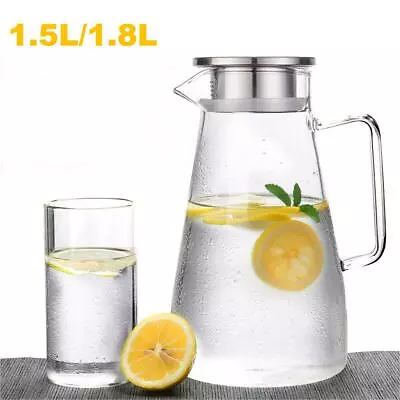 1.8L/1.5L Glass Pitcher Jug Water Juice Carafe Cocktail With Stainless Steel Lid • £14.99