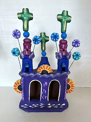 Colorful Painted Clay Pottery Mission Church Sculpture With Flowers • $29.99