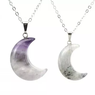 Natural Stone Crescent Moon Stone Pendant Healing Crystal Quartz Reiki Necklace • $1.87