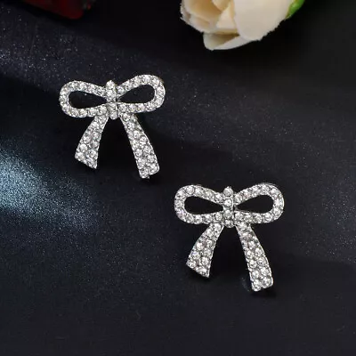 Luxurious Rhinestone Decor Silver Bow Stud Earrings For Women Wedding Jewellery • $2.98