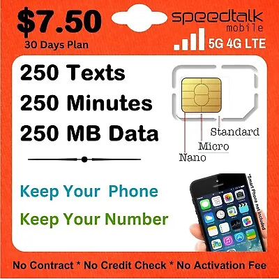 Speedtalk Cell Phone Plan SIM Card - 5G 4G Unlimited Text 100 Mins 100 MB Data • $7.50