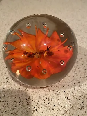 Murano Style Art Glass Handmade Paperweight Red Orange Flowers & Insects • $28
