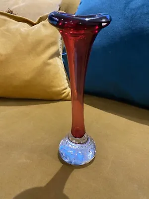 Vintage Murano Art Glass Red Bud Vase Controlled Bubble Clear Base 8  Cala Lily • £11