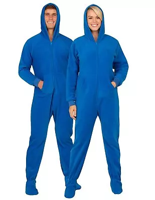 Footed Pajamas - Brilliant Blue Adult Hoodie Fleece Bodysuit - Adult - Small • $13.99