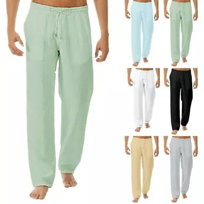 Mens Cotton Linen Loose Pants Casual Drawstring Beach Yoga Baggy Long Trousers • $17.50