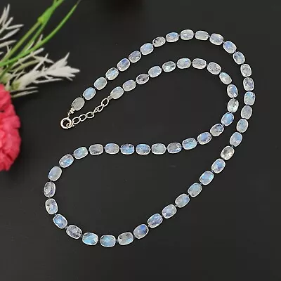 Rainbow Moonstone & Blue Sapphire Beads 925 Sterling Silver Faceted Necklace • $186.16