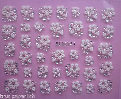 3D Nail Art Lace Stickers Decals Transfers WHITE SILVER Flowers Rhinestone (274) • $2.30