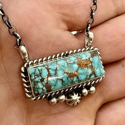 Navajo Bar Necklace 17  Number 8 Mine Turquoise Sawtooth Sterling Signed Patina • $149.94