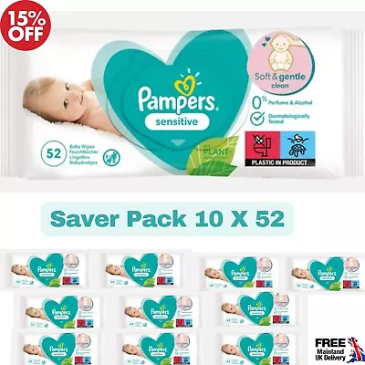 Pampers Baby Wipes Sensitive Newborn Skin Care - 0% Alcohol - Pack Of 10 X 52  • £19.99