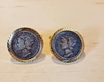 Mercury Dime Cufflinks Gold Tone Textured 1942 And 1945 • $33