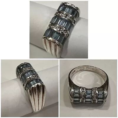 Unique Vintage Sterling Silver - Blue Topaz - Channel Set Diamond Ring / 8.75 • $39.99