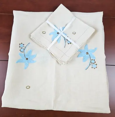 Vintage Irish Linen Table Cloth & 4 Napkins~ Blue & Bronze Embroidery 42  Square • $24.99