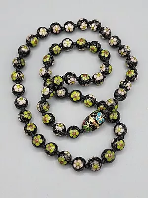 Vtg Cloisonne 21  Necklace Pink Green Black Enamel Floral Round Beads Knotted • $40