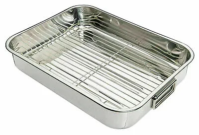 Stainless Steel Roasting Oven Pan Dish Meat Baking Roaster Tin Grill Rack Tray • £22.99