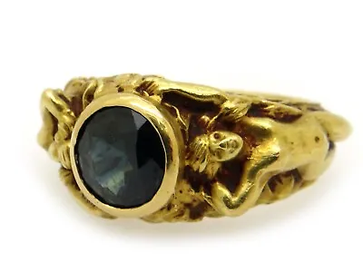 Mens 18k Yellow Gold 1.80ct Round Sapphire Carved Female Band Ring Size 9 • $3850