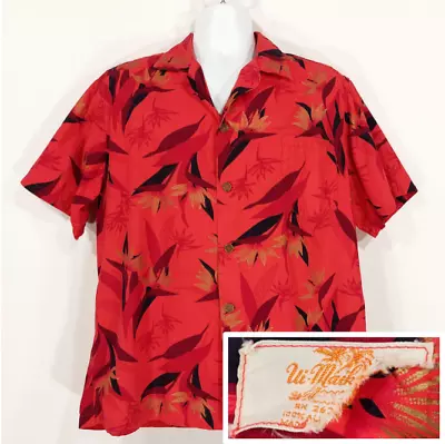 Vtg 50s 60s Ui Maikai Hawaiian Birds Of Paradise Floral Red Aloha Shirt. Fits L. • $85