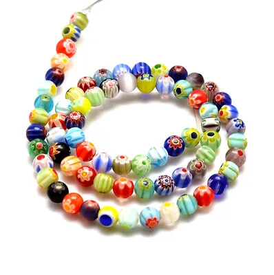 60 Millefiori Flower Glass Beads - Approx 5-6mm - Mixed Colours - Round- P00288R • £5.49