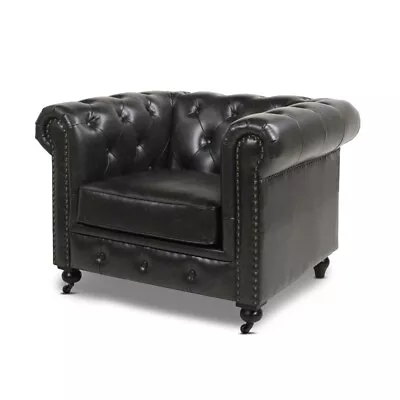 Maklaine Trandsitional Leather Chesterfield Armchair In Vintage Black • $856.91