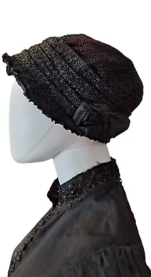 Antique Victorian Mourning Straw Bonnet 19c Wired Structured Black Bonnet Hat • $145