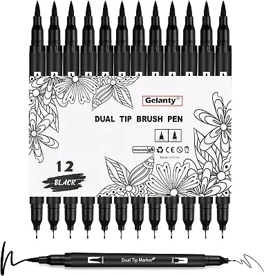 Gelanty Felt Tip Pens 12 Pack Black Markers Colouring Pens For Adults And 0.4mm • £11.60