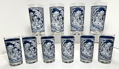 10 Currier & Ives Vintage White On Blue Tumblers 12 Oz Old Grist Mill 1960 Set • $64.99