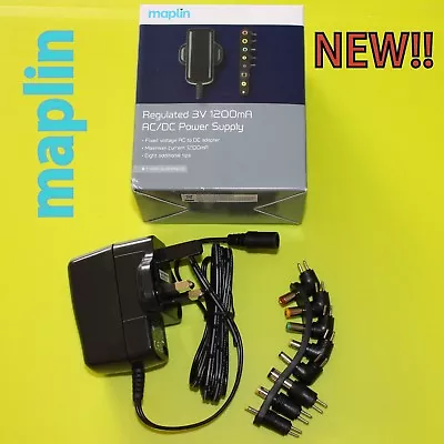 Maplin Regulated 3V  1200mA  AC/DC Power Supply/ Adapter With 8 Tips **NEW*** • £14.99