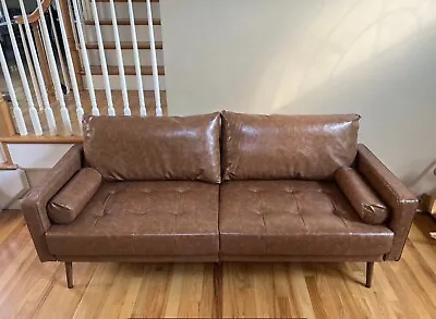 New Mid Century Modern Vegan Leather Sofa Vintage Style Couch Brown 3 Seater • $599