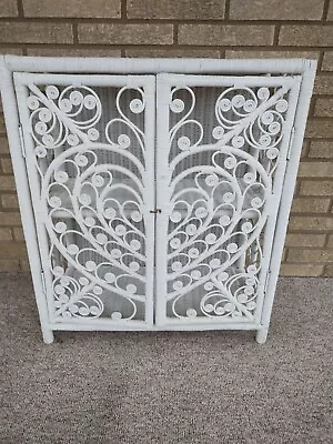 Vintage White Decorative Wicker Storage Cabinet - Heart Scroll Motif • $100