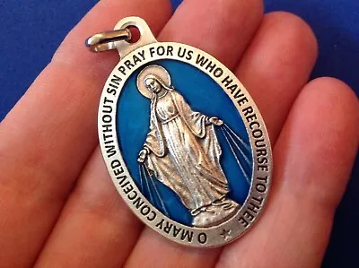 Our Lady VIRGIN MARY MIRACULOUS Devotion 1-1/2  Saint Medal Italy Blue Enamel • $14.85