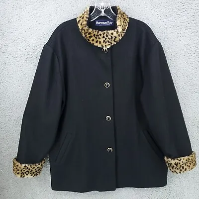 Vtg Herman Kay Jacker Womens Large 70% Wool Cheetah Print Button Black • $14