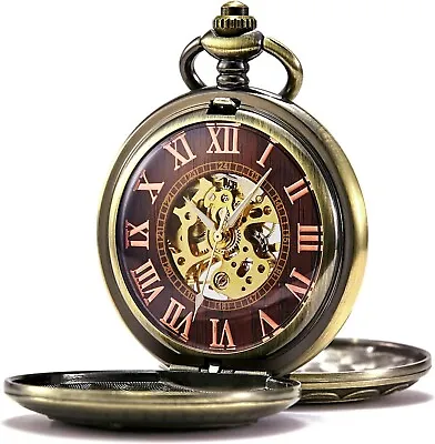 TREEWETO Men's Mechanical Pocket Watch Bronze 3D Steam Train Railroad With Chain • £24.99
