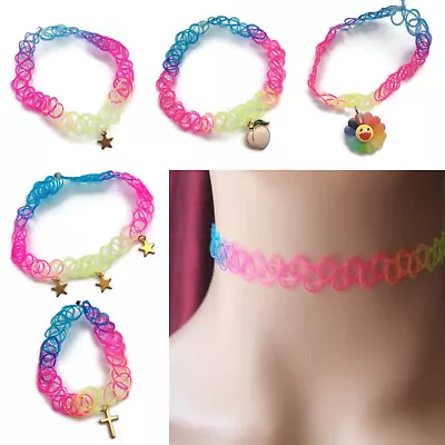 Tattoo Choker Stretch Necklace Multicolor Charm Retro 90s Vintage Elastic Gothic • £2.15