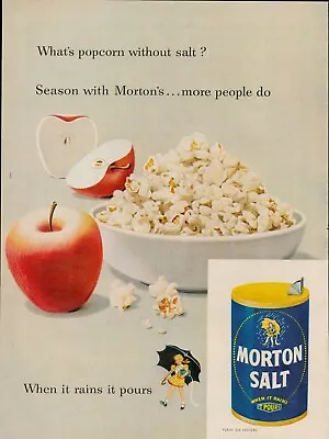 1952 Popcorn Salt Vintage Print Ad When Rains Pours Girl Umbrella Morton USA • $9.93