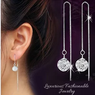 925 Sterling Silver Plated Long Chain Ball Crystal Bead Dangle Drop Earrings  • £3.99