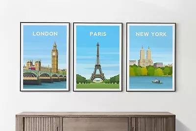 London Paris And New York Travel Print Set 3x Illustrated City Travel Posters • £27