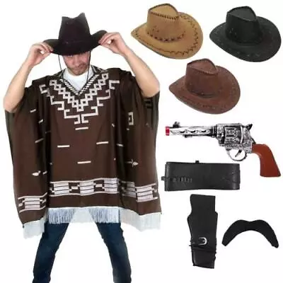 Cowboy Costume Wild West Poncho Gun Hat Western Fancy Dress Lot • £11.99