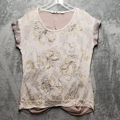 Miss Me Top Womens Medium Beige Floral Sheer Short Sleeve Pullover Shirt • $16.94