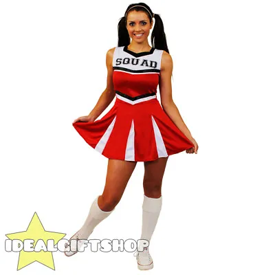 Ladies High School Red Cheerleader Dress Fancy Dress Costume Uniform Outfit • £10.99